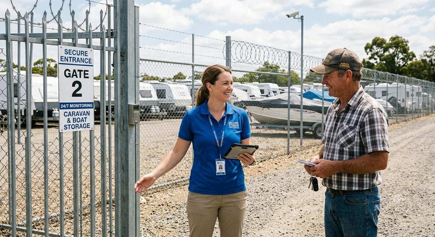Park Safe Storage team member with a customer at the gate