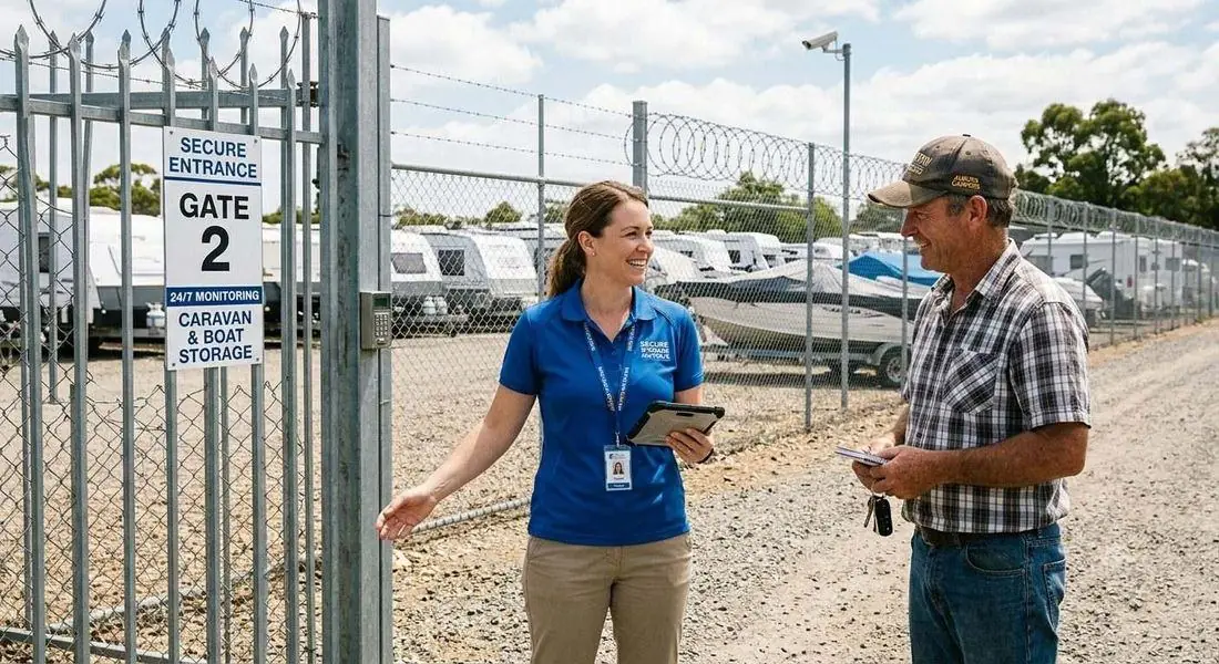Park Safe Storage team member with a customer at the gate